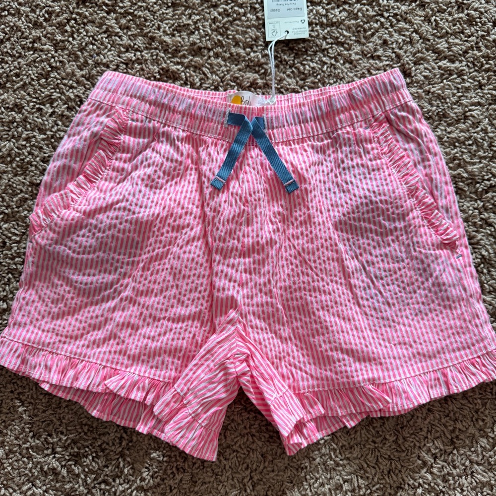 Mini Boden Party Pink Ticking Seersucker Ruffle Hem Shorts